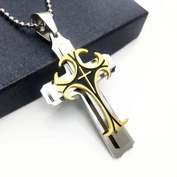 Men's Punk Two Tone Stainless Steel Cross Pendant Necklace - Picture 4 of 7